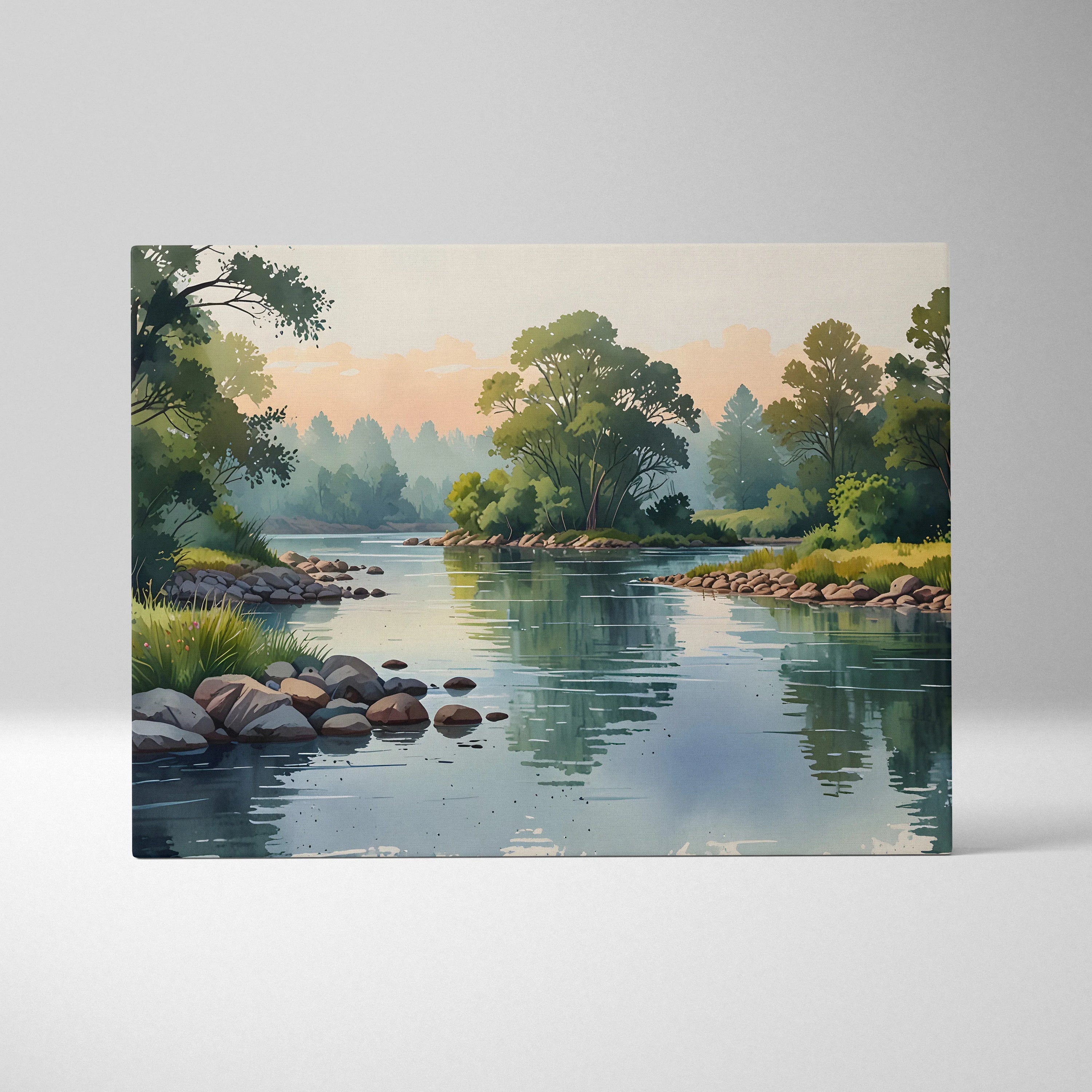 Watercolor canvas wall art featuring a serene river landscape with trees and rocks.