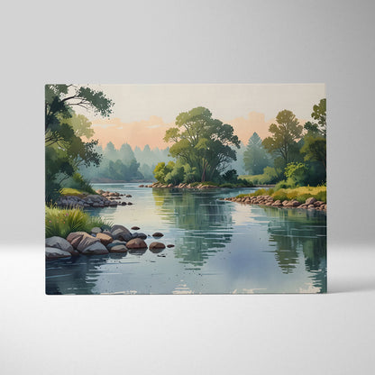 Watercolor canvas wall art featuring a serene river landscape with trees and rocks.