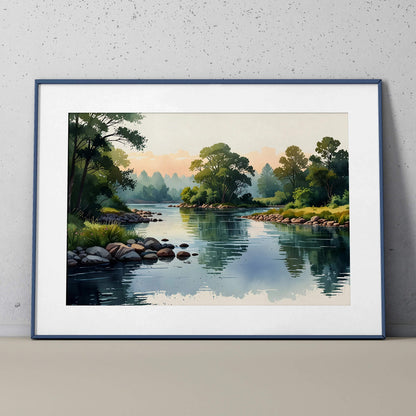 Watercolor nature landscape poster showing a serene river with trees and rocks, framed wall art.