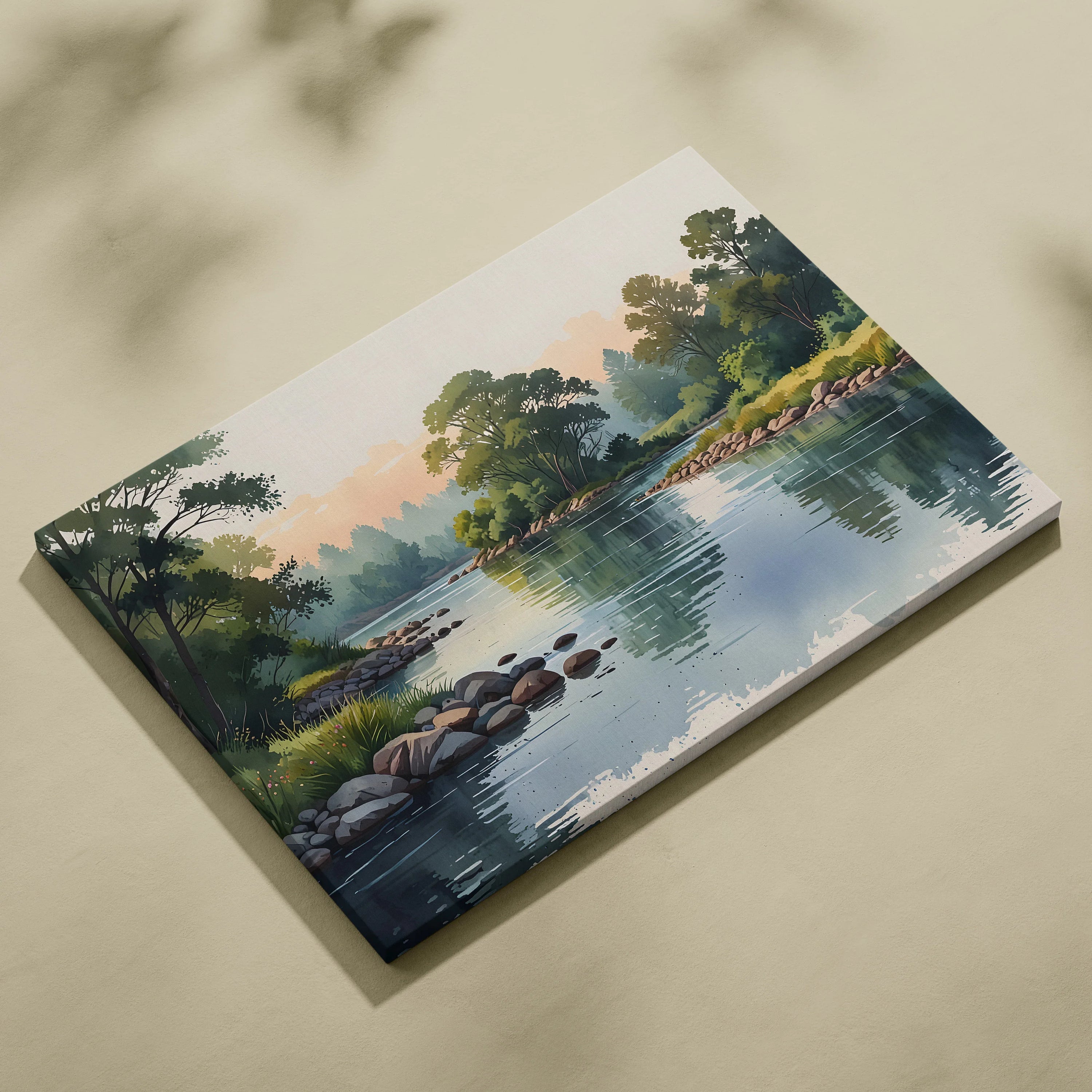 Watercolor landscape canvas wall art featuring a serene river with trees and rocks.
