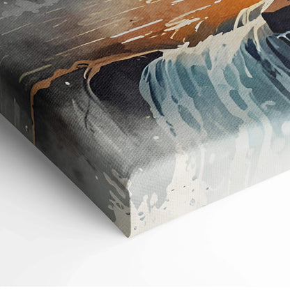 Close-up of vibrant sunset landscape canvas wall art with bold colors and textured edges.