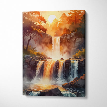 Canvas wall art featuring a vibrant sunset over a cascading waterfall in a forest setting.