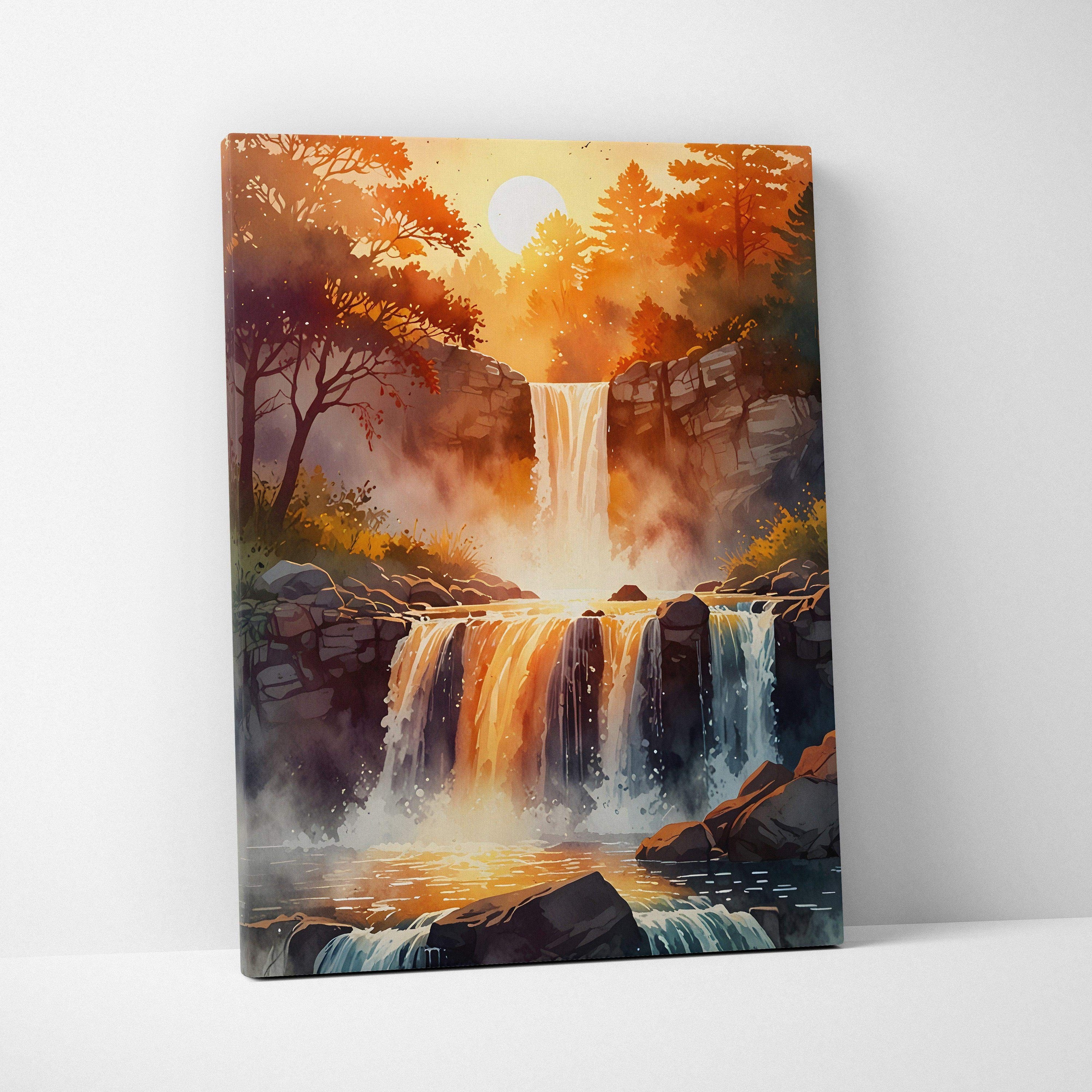 Vibrant sunset landscape canvas wall art featuring cascading waterfall and colorful trees.