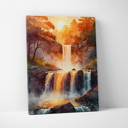Vibrant sunset landscape canvas wall art featuring cascading waterfall and colorful trees.