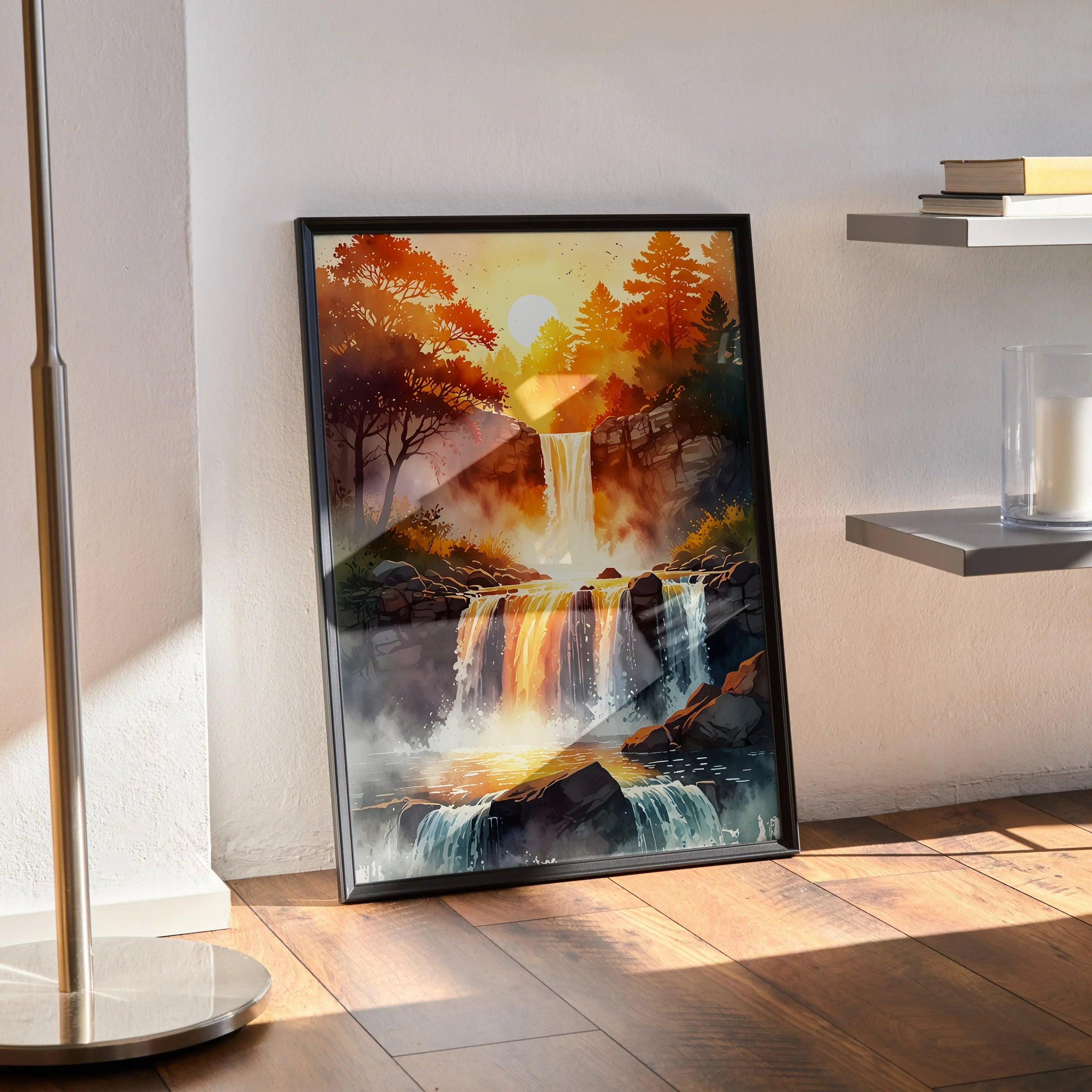 Vertical autumn nature watercolor poster with vivid orange trees and cascading waterfall wall art.