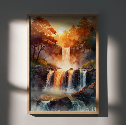Vertical autumn watercolor poster featuring vibrant trees and cascading waterfall wall art.