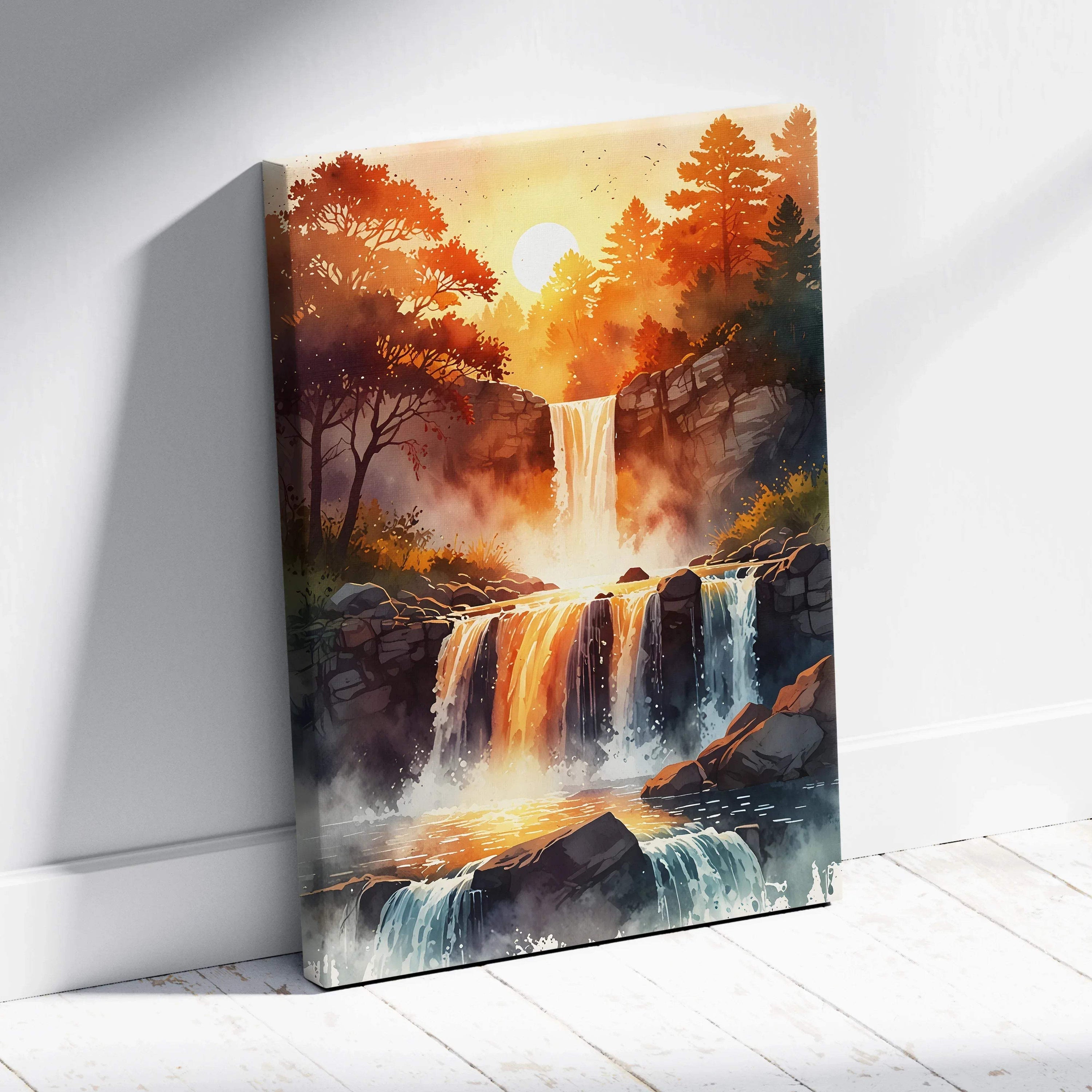 Canvas wall art featuring a vibrant sunset over a cascading waterfall in a forest setting.