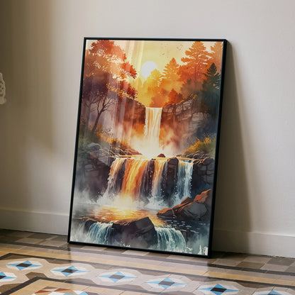 Vertical autumn waterfall poster with vibrant watercolor trees and rocks wall art.