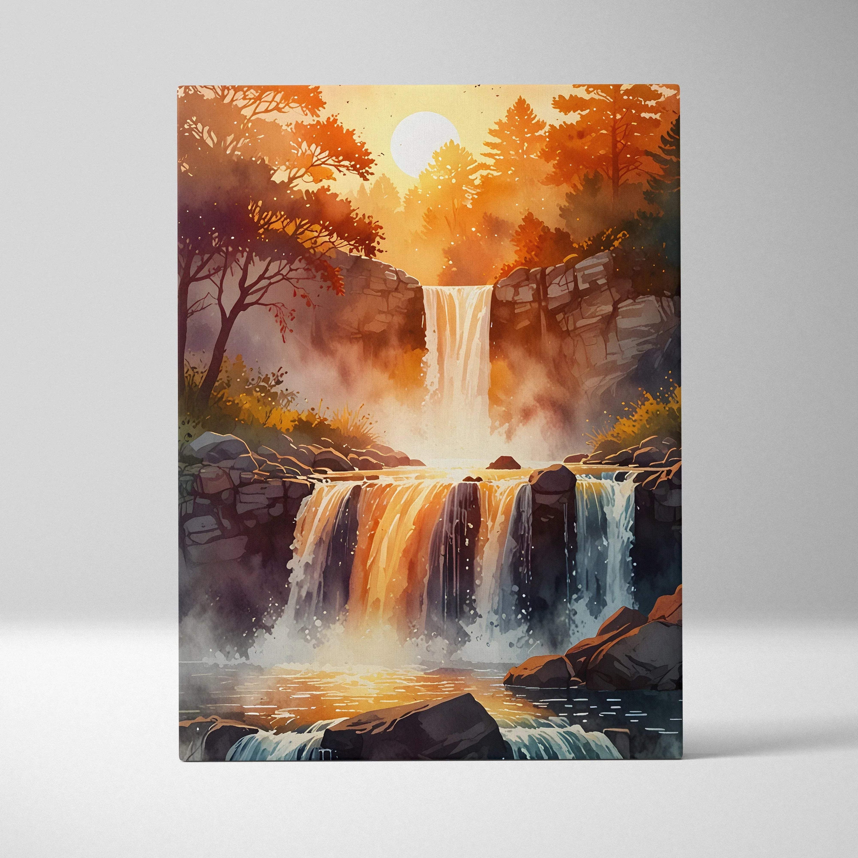 Vibrant sunset landscape canvas wall art with cascading waterfall and autumn trees.