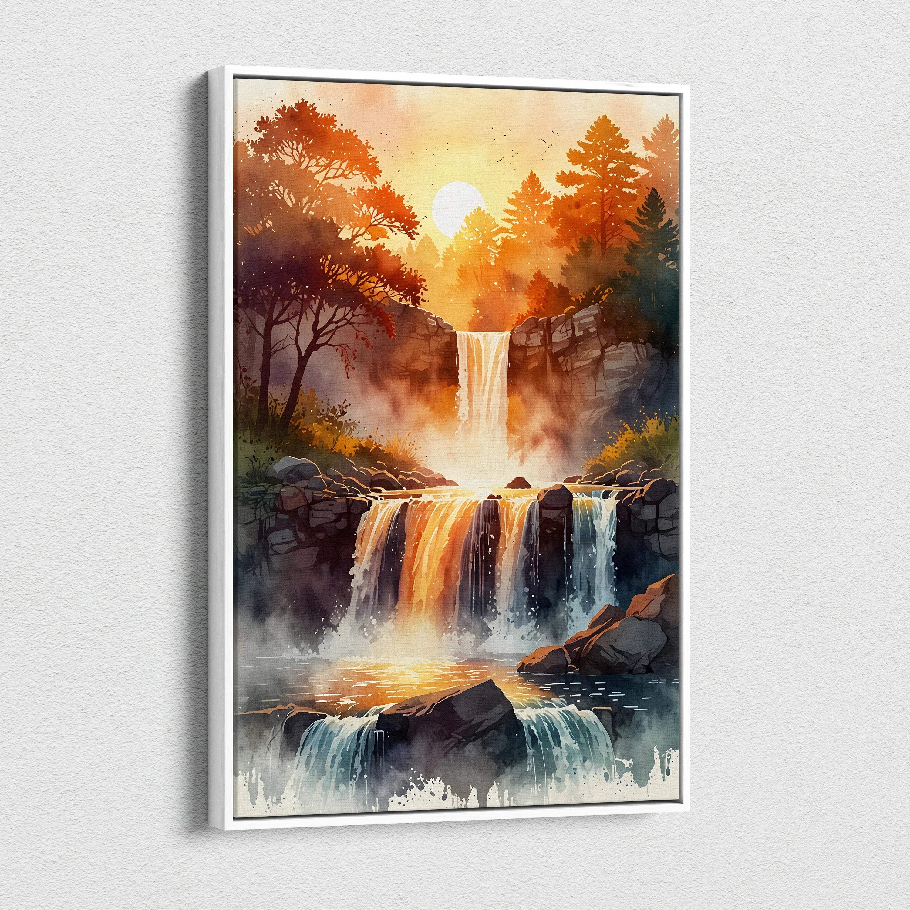Vertical canvas wall art depicting a vibrant sunset over a cascading waterfall surrounded by trees and rocks.