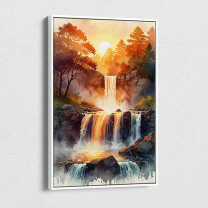 Vertical canvas wall art depicting a vibrant sunset over a cascading waterfall surrounded by trees and rocks.