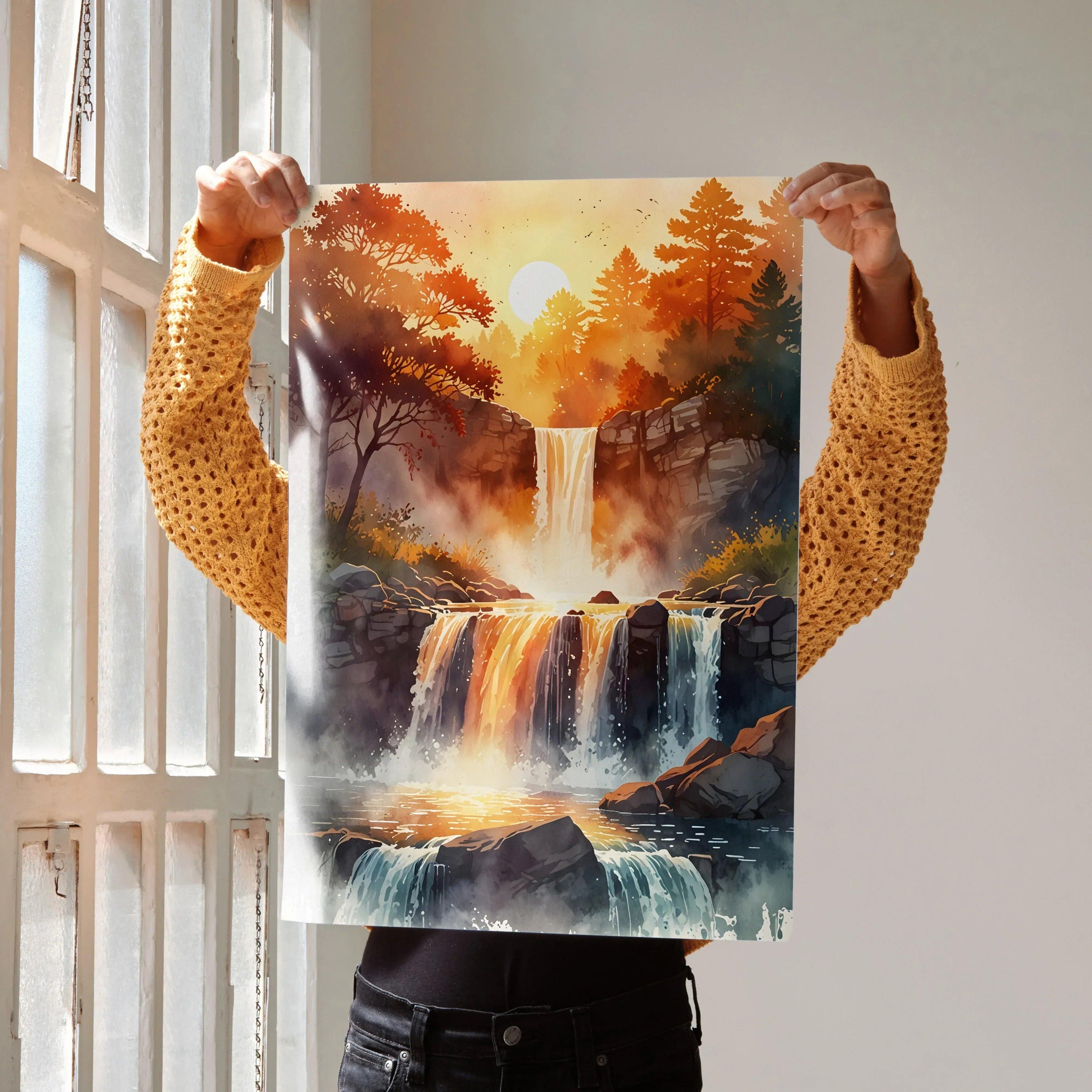 Vibrant autumn nature waterfall poster with warm watercolor trees and cascading falls wall art.