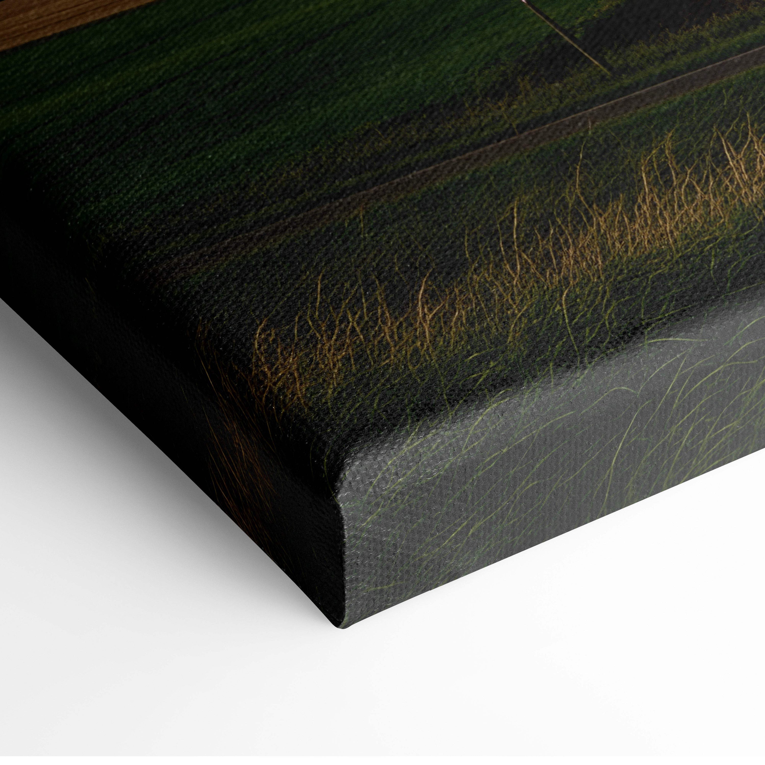 Black canvas print featuring a textured painterly depiction of grassy fields in deep greens and golden browns for wall decor