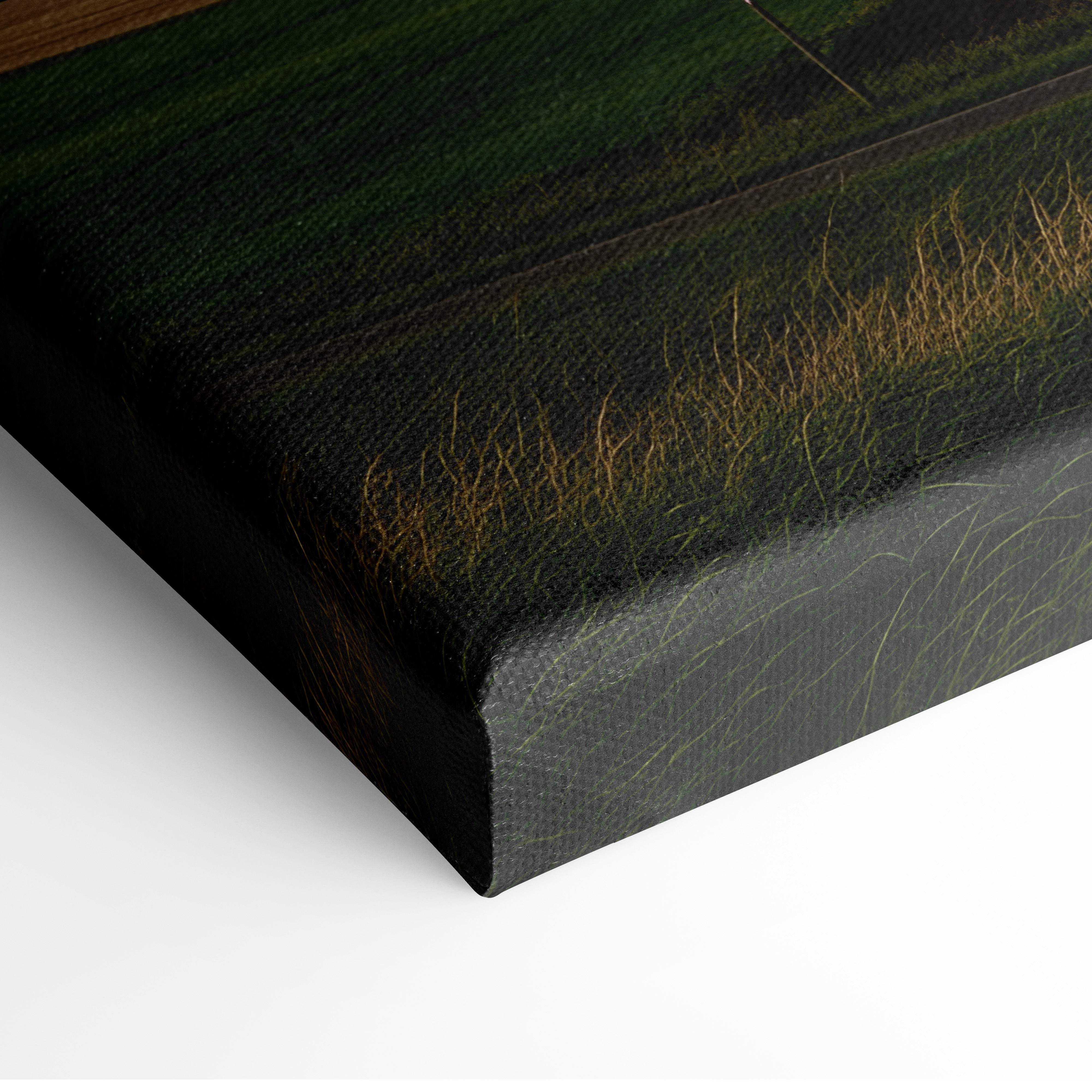 Black canvas print featuring a textured painterly depiction of grassy fields in deep greens and golden browns for wall decor