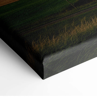 Black canvas print featuring a textured painterly depiction of grassy fields in deep greens and golden browns for wall decor