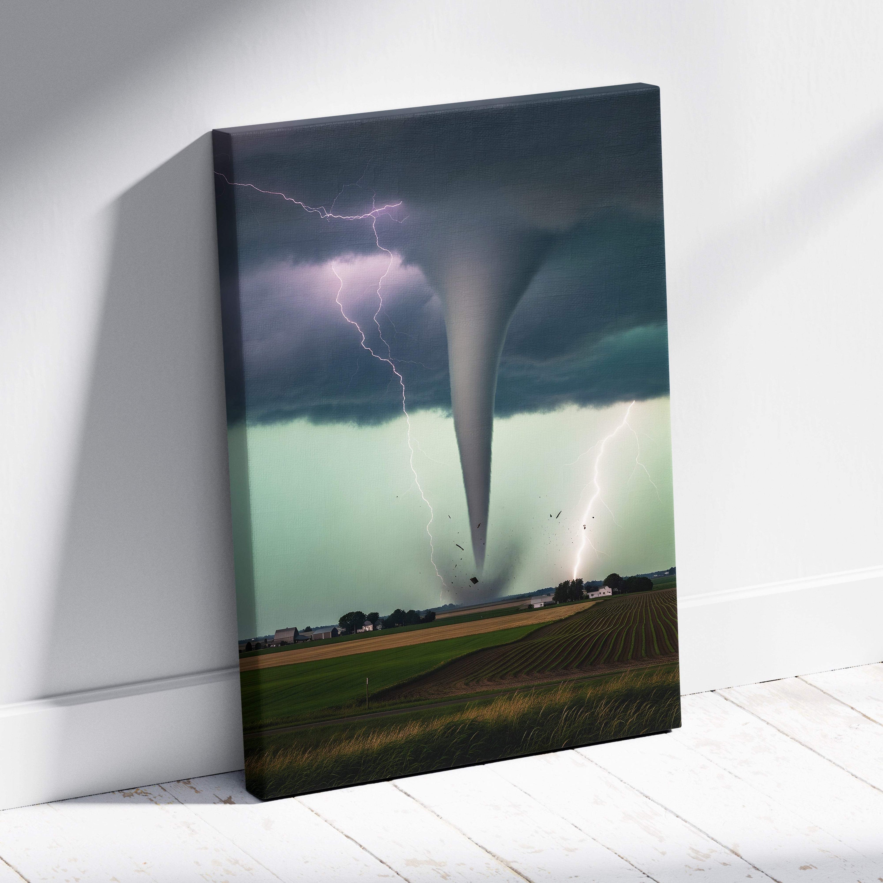 Canvas print of a dramatic tornado with lightning strike over green field on dark stormy clouds for modern wall decor