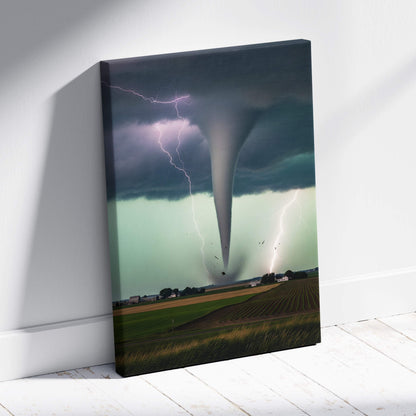 Canvas print of a dramatic tornado with lightning strike over green field on dark stormy clouds for modern wall decor