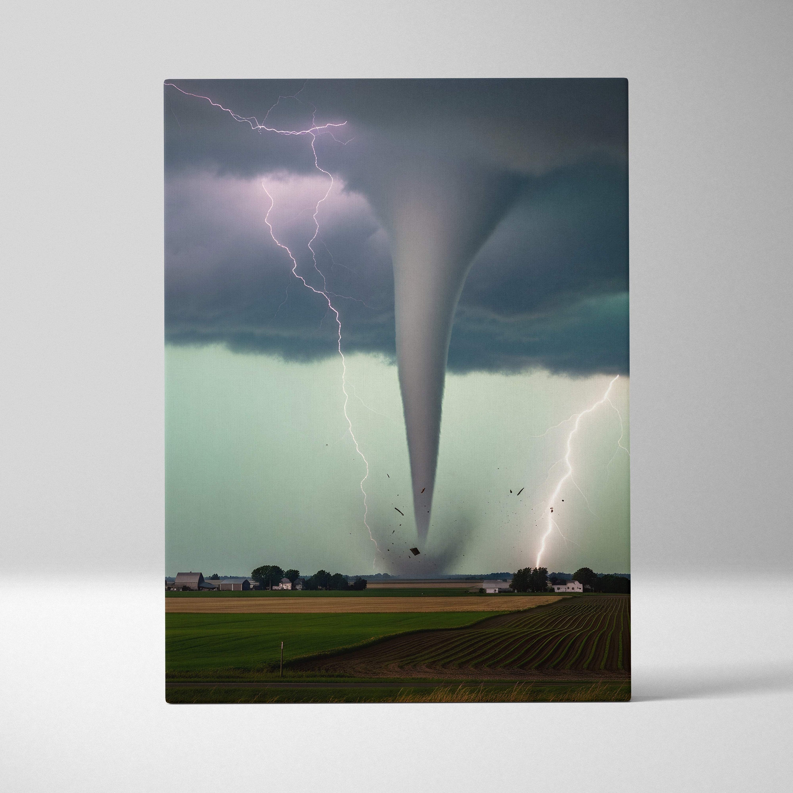 Rectangular canvas art of a massive tornado with lightning striking dark stormy skies over a rural landscape for modern decor