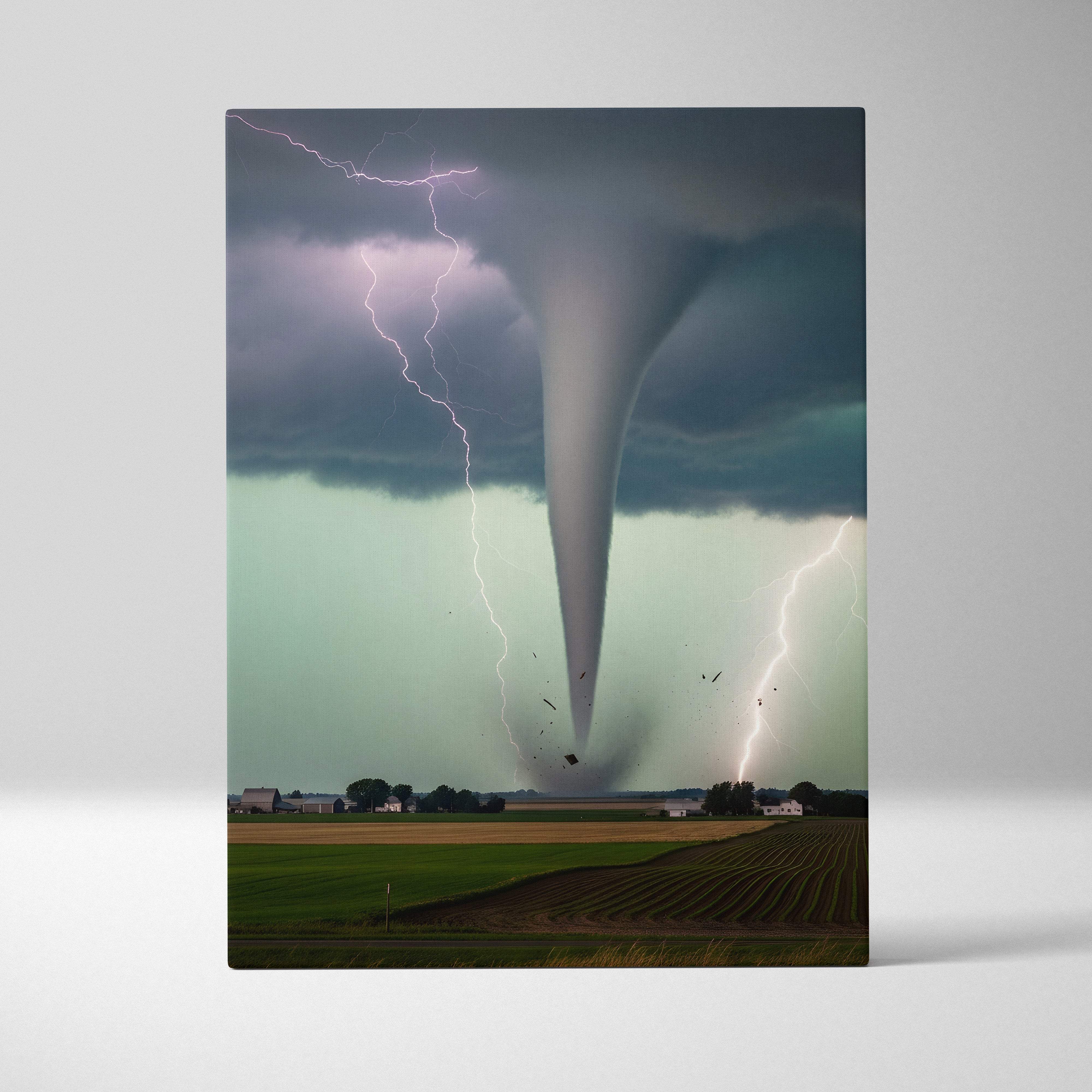 Rectangular canvas art of a massive tornado with lightning striking dark stormy skies over a rural landscape for modern decor