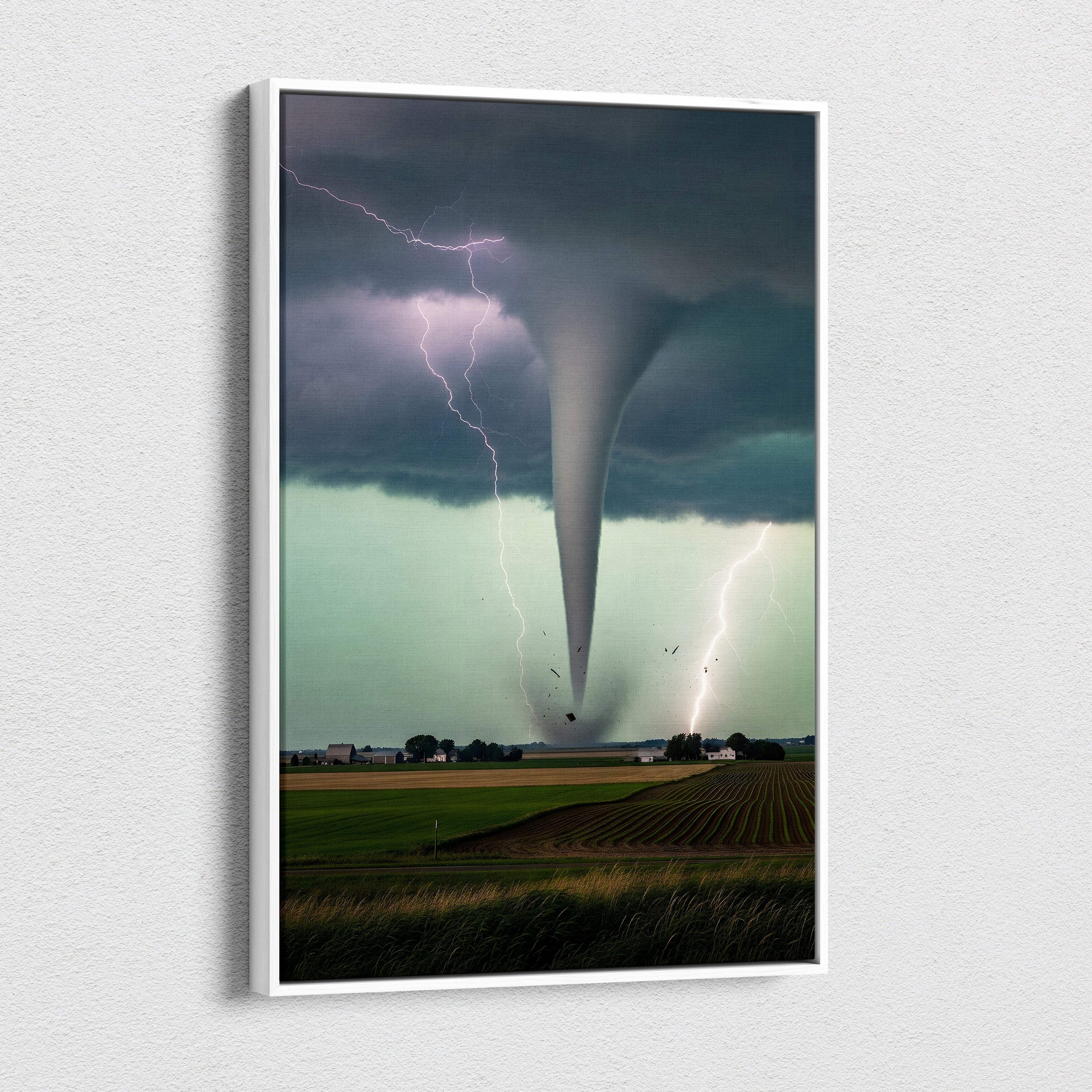 A framed canvas print of a dramatic tornado with lightning over dark stormy skies above a rural field for wall decor