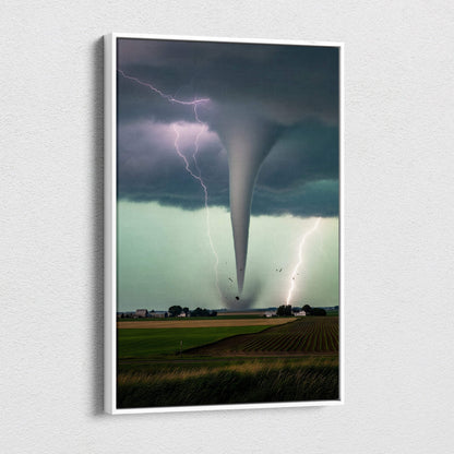 A framed canvas print of a dramatic tornado with lightning over dark stormy skies above a rural field for wall decor