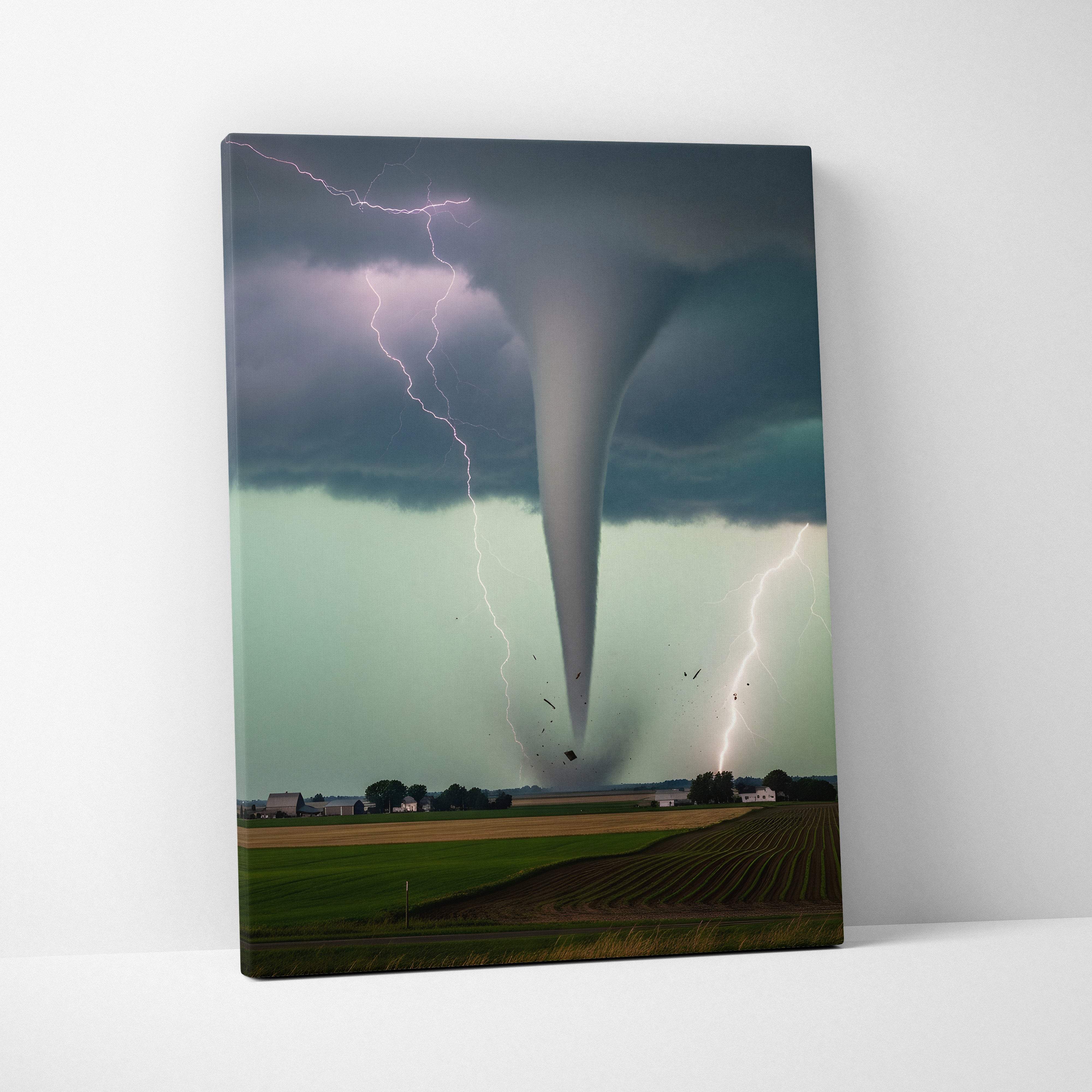 Canvas print of a dramatic tornado with lightning striking dark stormy skies above a rural landscape wall decor