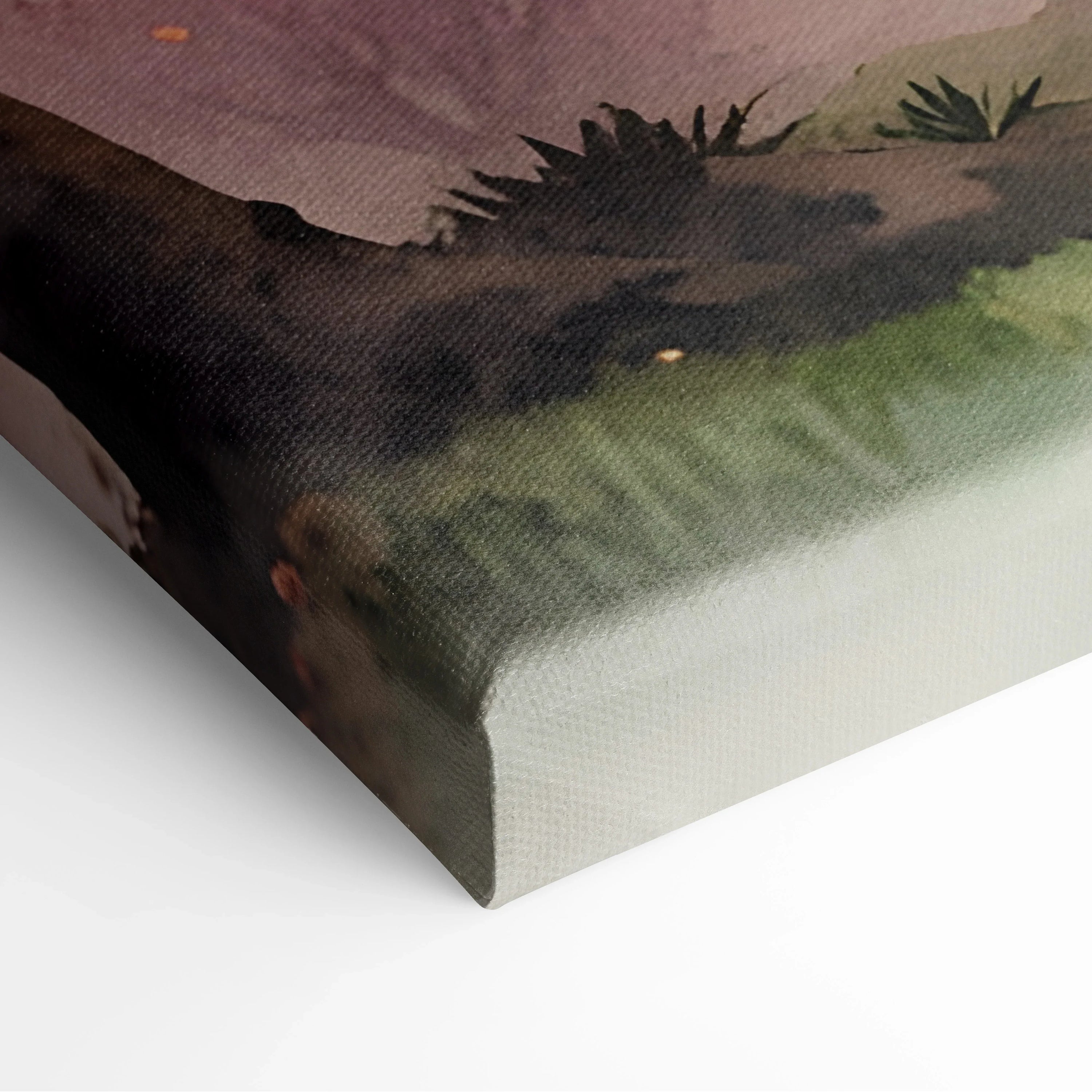 Close-up of watercolor cherry blossom sunset canvas corner with textured wall art detail.