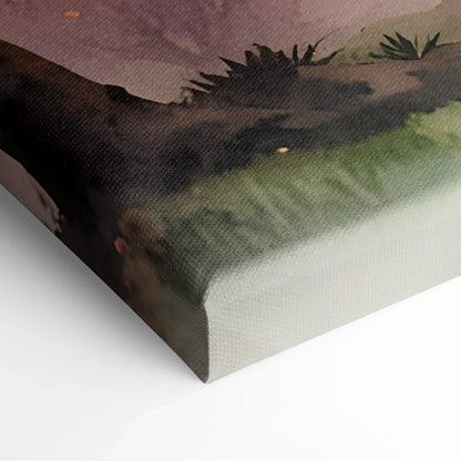 Close-up of watercolor cherry blossom sunset canvas corner with textured wall art detail.