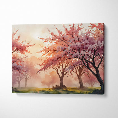 Watercolor sunset cherry blossom trees on canvas wall art with soft orange and pink tones.