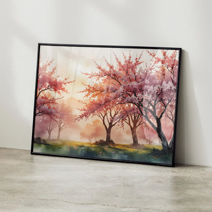 Watercolor poster of cherry blossom trees at sunset with warm pink and orange tones wall art.
