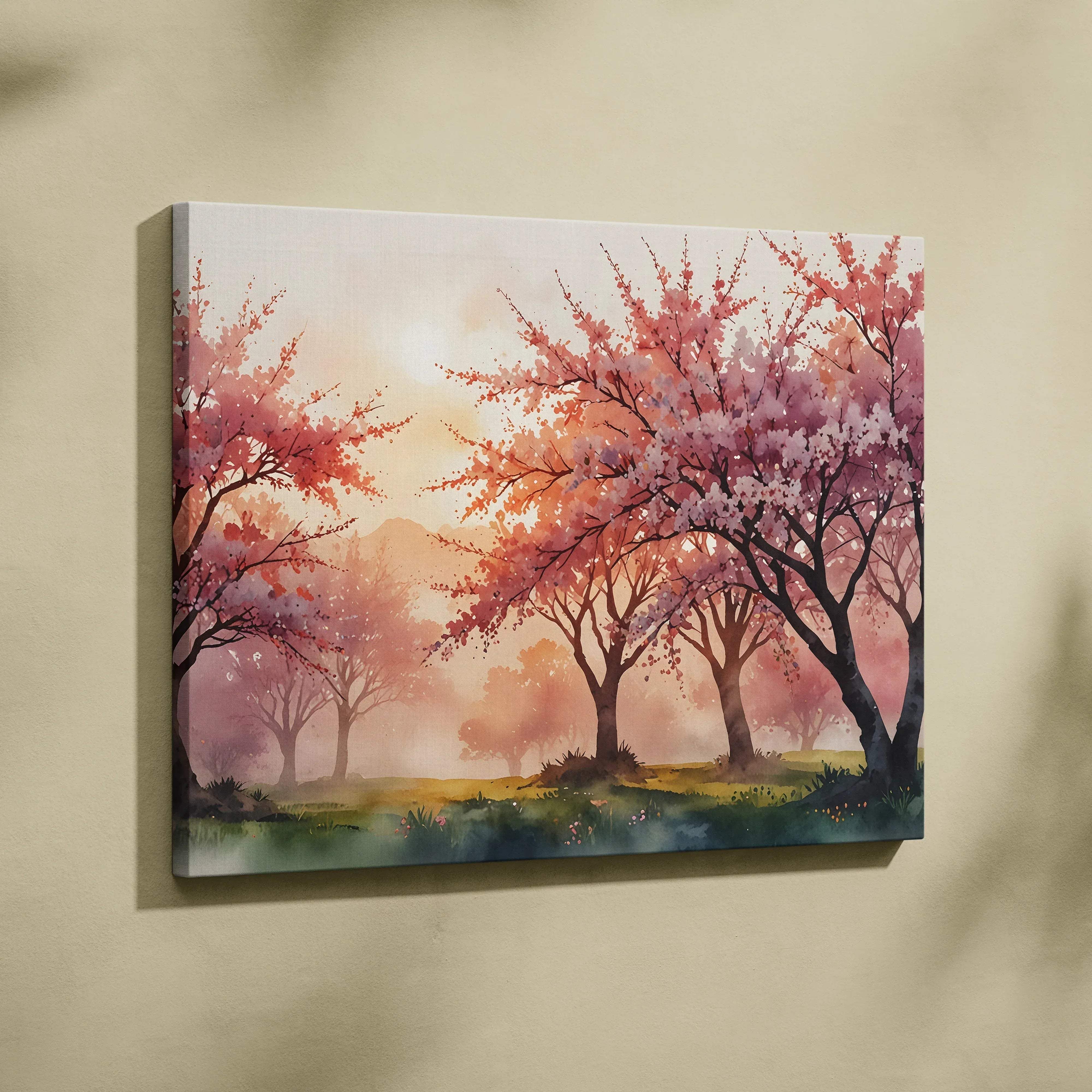 Rectangular watercolor sunset cherry blossom landscape canvas wall art in soft pink and orange hues with a serene mood