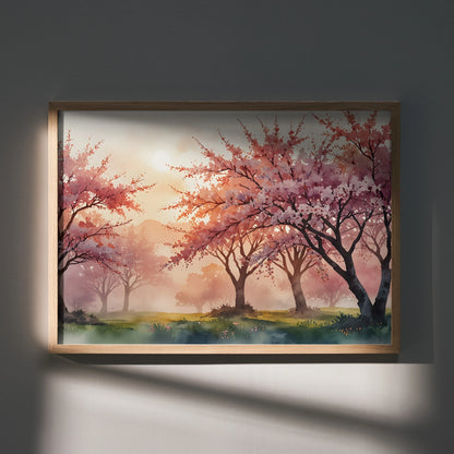 Vibrant watercolor cherry blossom wall art poster with a glowing sunset background and soft trees silhouette.