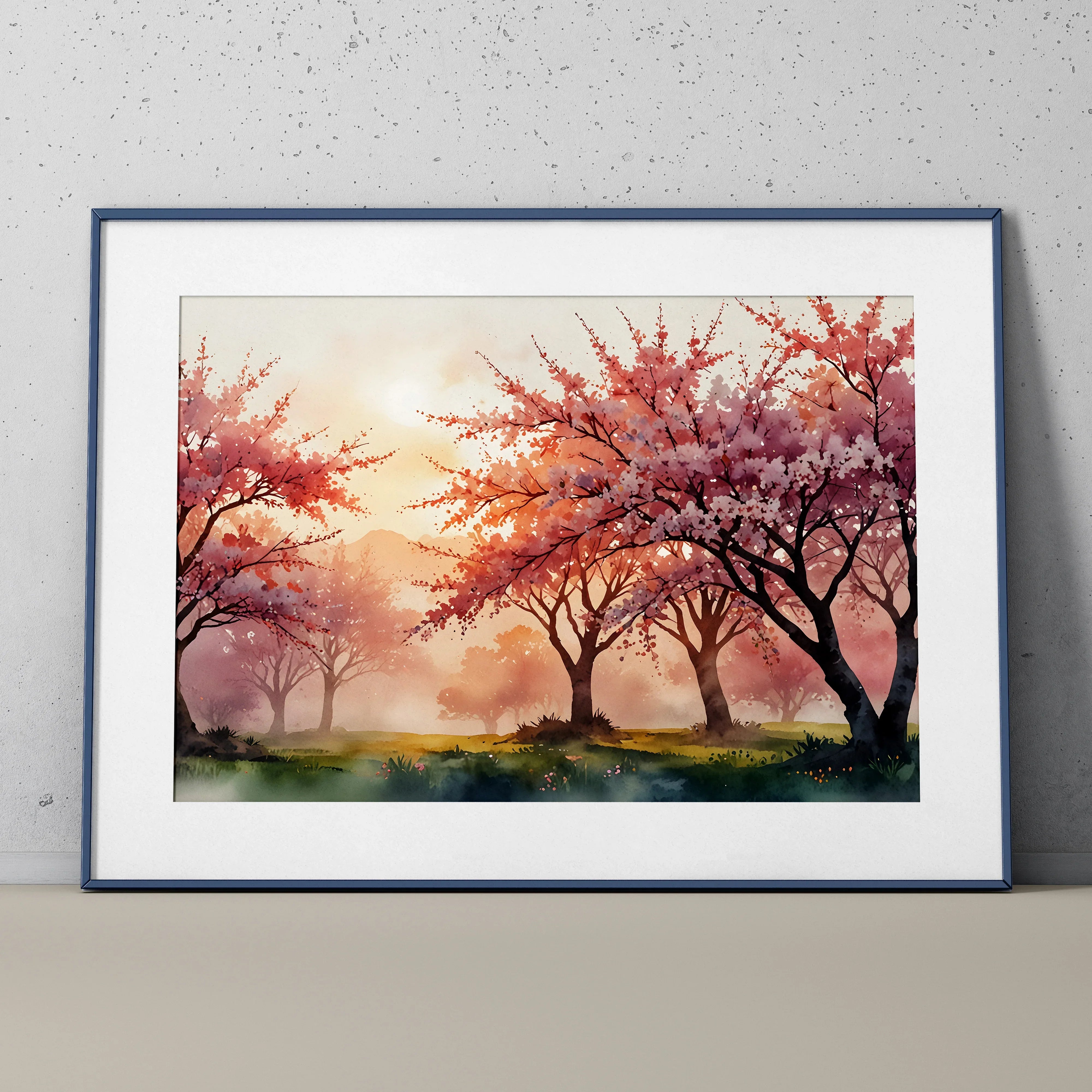 Framed watercolor poster of cherry blossom trees at sunset with vibrant pink and orange tones wall art.
