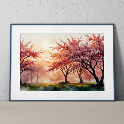 Framed watercolor poster of cherry blossom trees at sunset with vibrant pink and orange tones wall art.