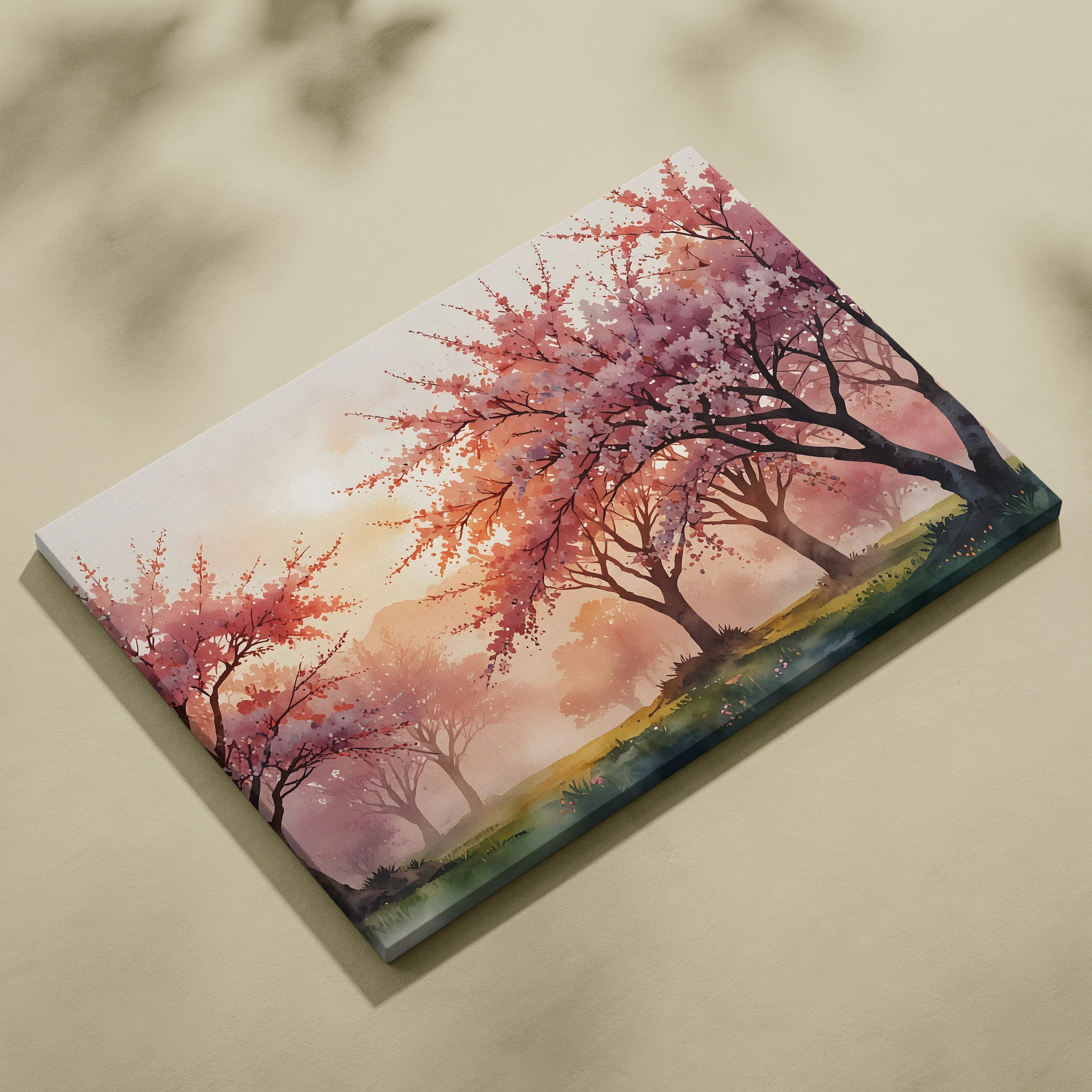 Watercolor sunset cherry blossom trees canvas wall art with soft pink and orange tones.