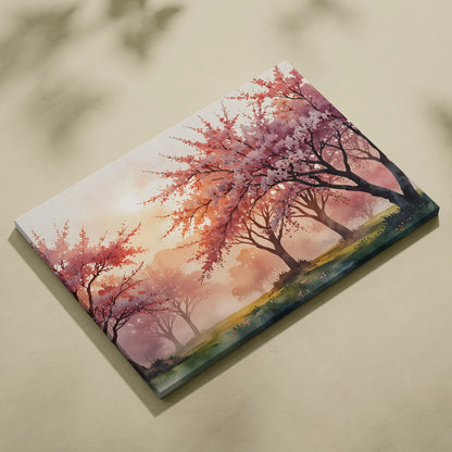 Watercolor sunset cherry blossom trees canvas wall art with soft pink and orange tones.