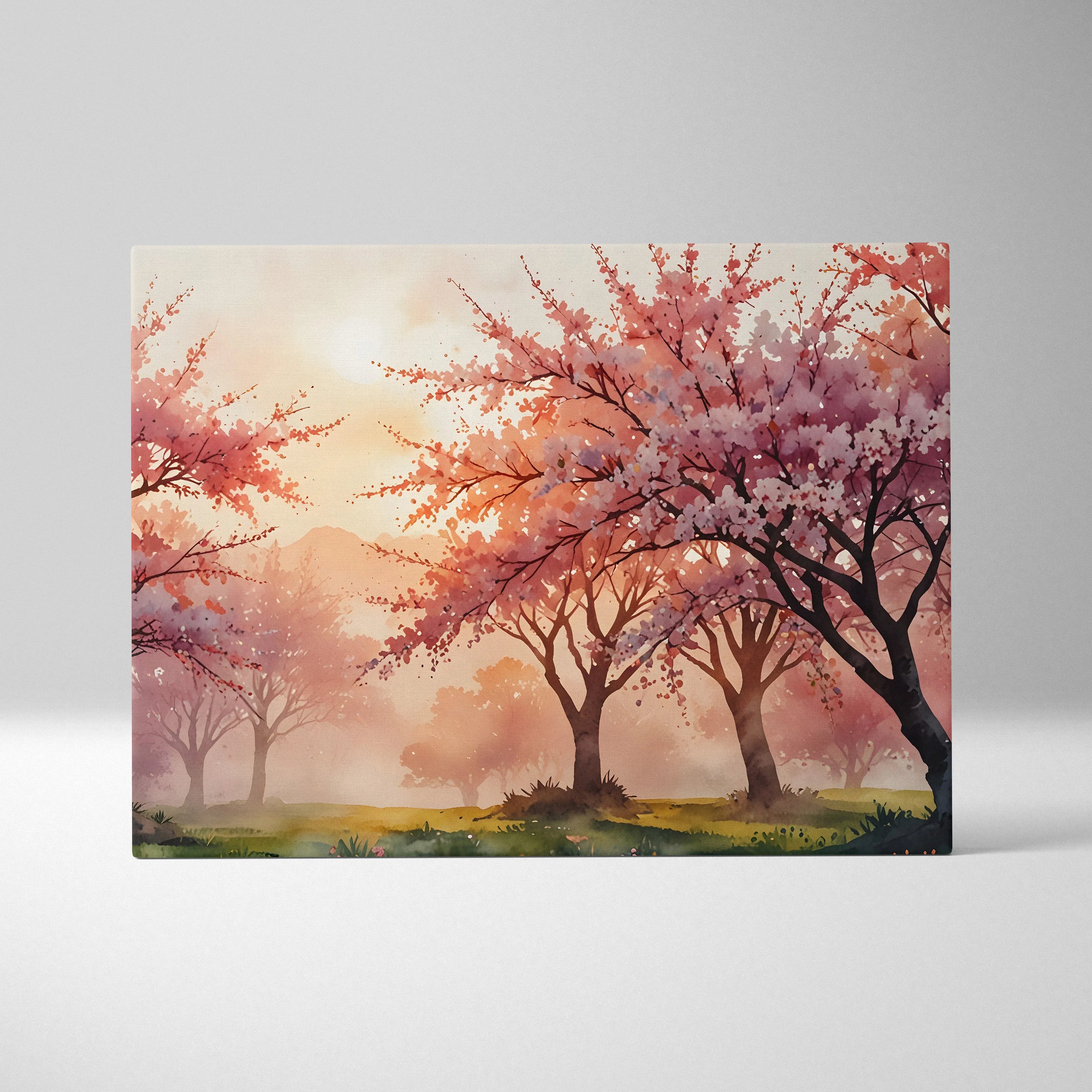 Watercolor canvas wall art featuring cherry blossom trees at sunset with soft pink and orange hues.