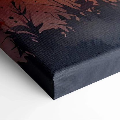 Close-up of vibrant autumn sunset nature canvas wall art corner with dark leaf silhouettes on textured fabric.