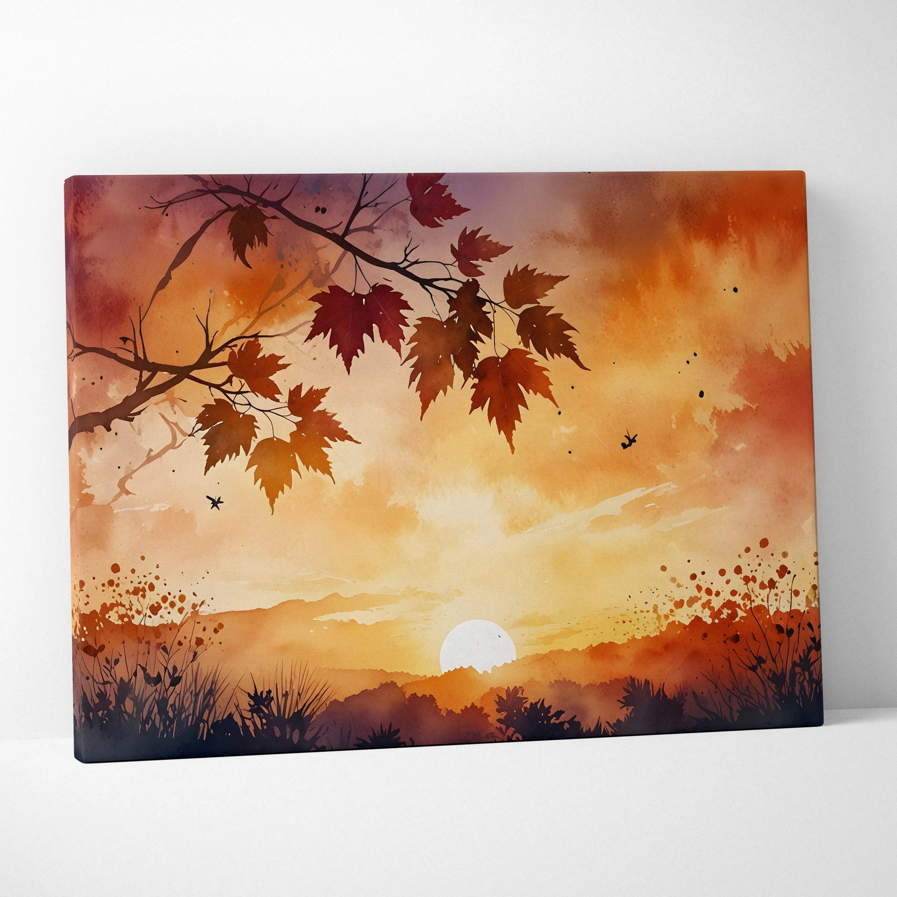 Autumn sunset nature scene with orange leaves and sun over hills canvas wall art.