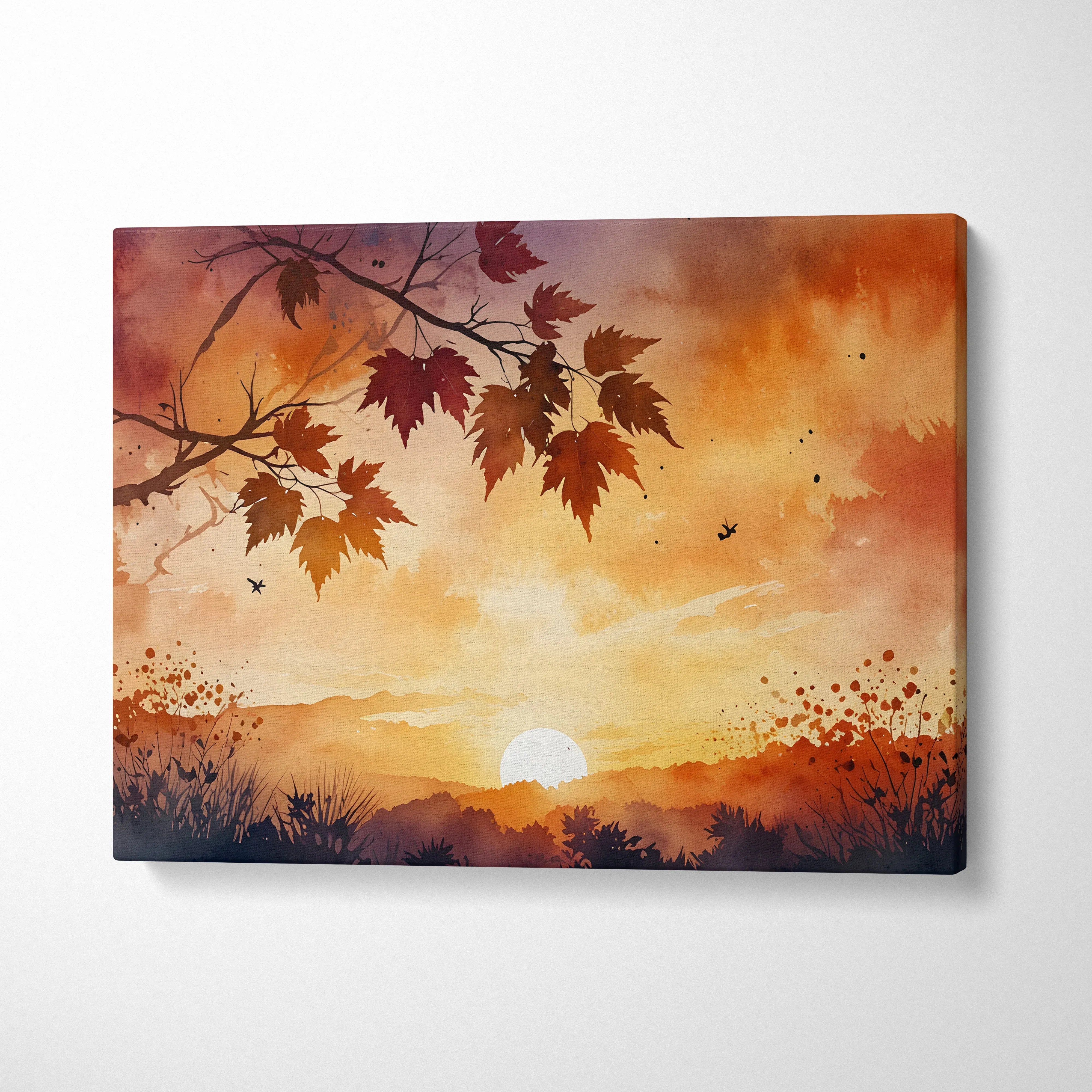 Canvas wall art featuring vibrant autumn leaves silhouetted against a glowing orange sunset sky.