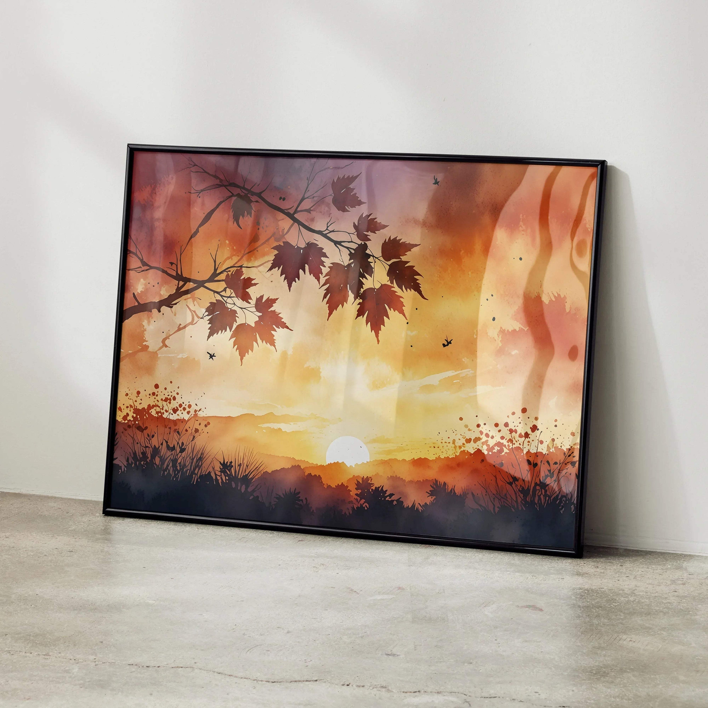 Watercolor sunset nature art poster with silhouetted tree branches and warm orange sky wall art.