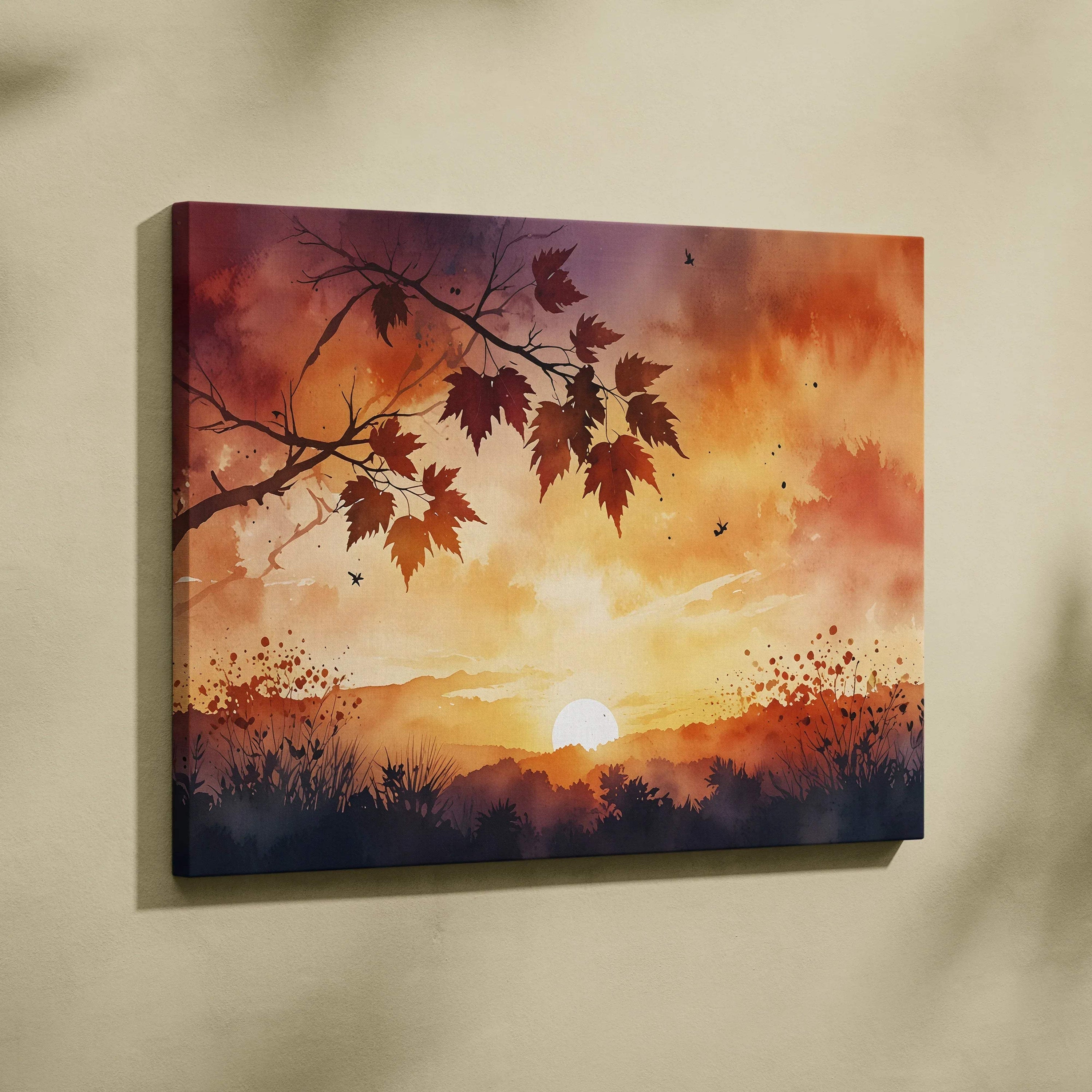 Autumn sunset nature scene on vibrant watercolor canvas wall art with silhouetted leaves and birds.