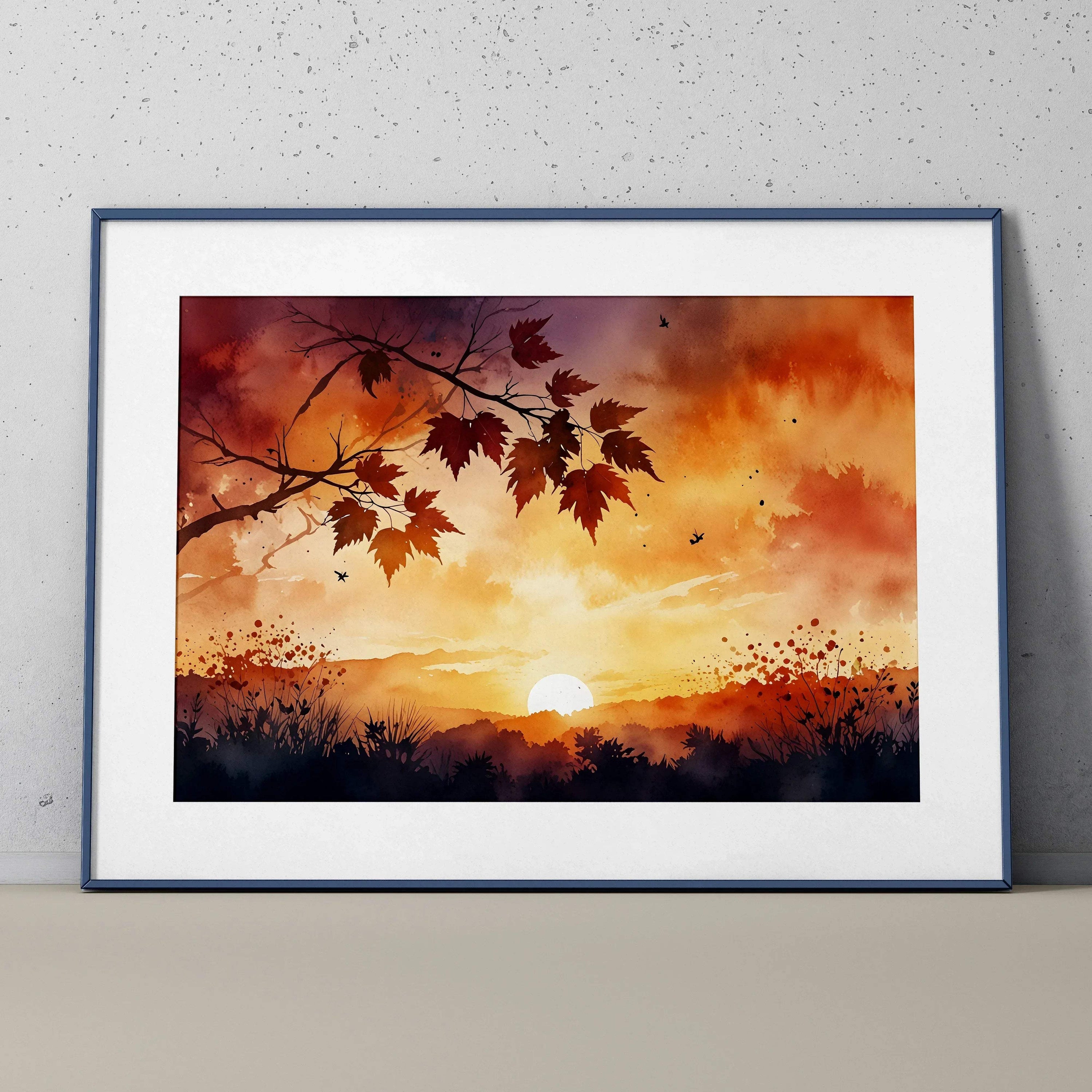 Sunset watercolor art poster with vibrant orange sky and silhouetted autumn leaves wall art.