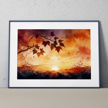 Sunset watercolor art poster with vibrant orange sky and silhouetted autumn leaves wall art.