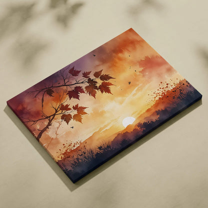 Canvas wall art featuring vibrant autumn sunset with silhouetted leaves and warm watercolor sky.