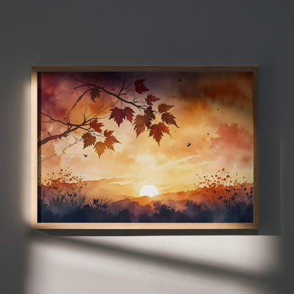 Sunset watercolor art poster with autumn leaves and warm glowing sky wall art.
