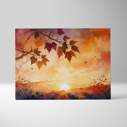 Canvas wall art featuring a vibrant autumn sunset with watercolor leaves and distant mountains.