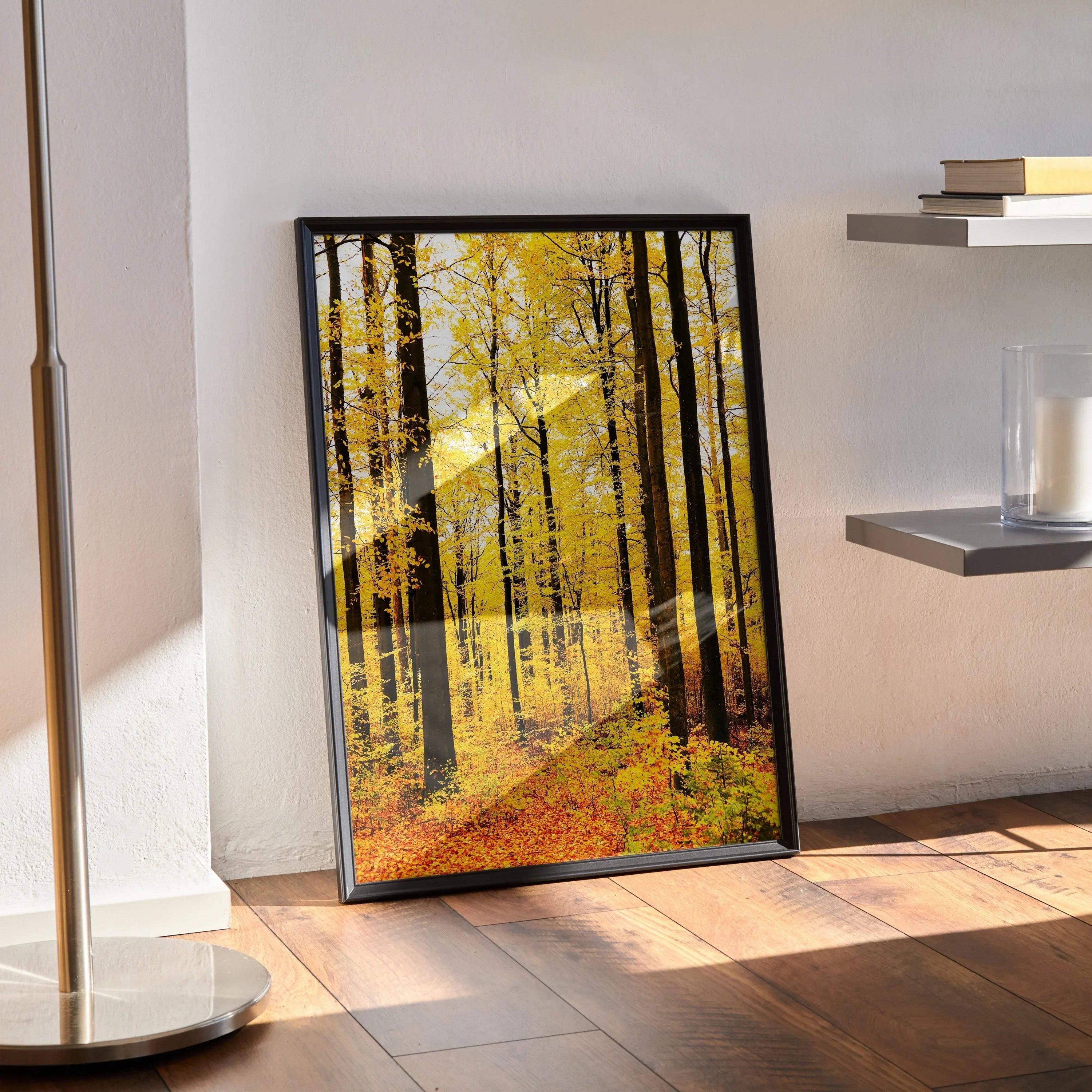 Autumn forest poster with tall trees and golden leaves vertical wall art print.