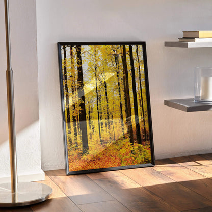Autumn forest poster with tall trees and golden leaves vertical wall art print.
