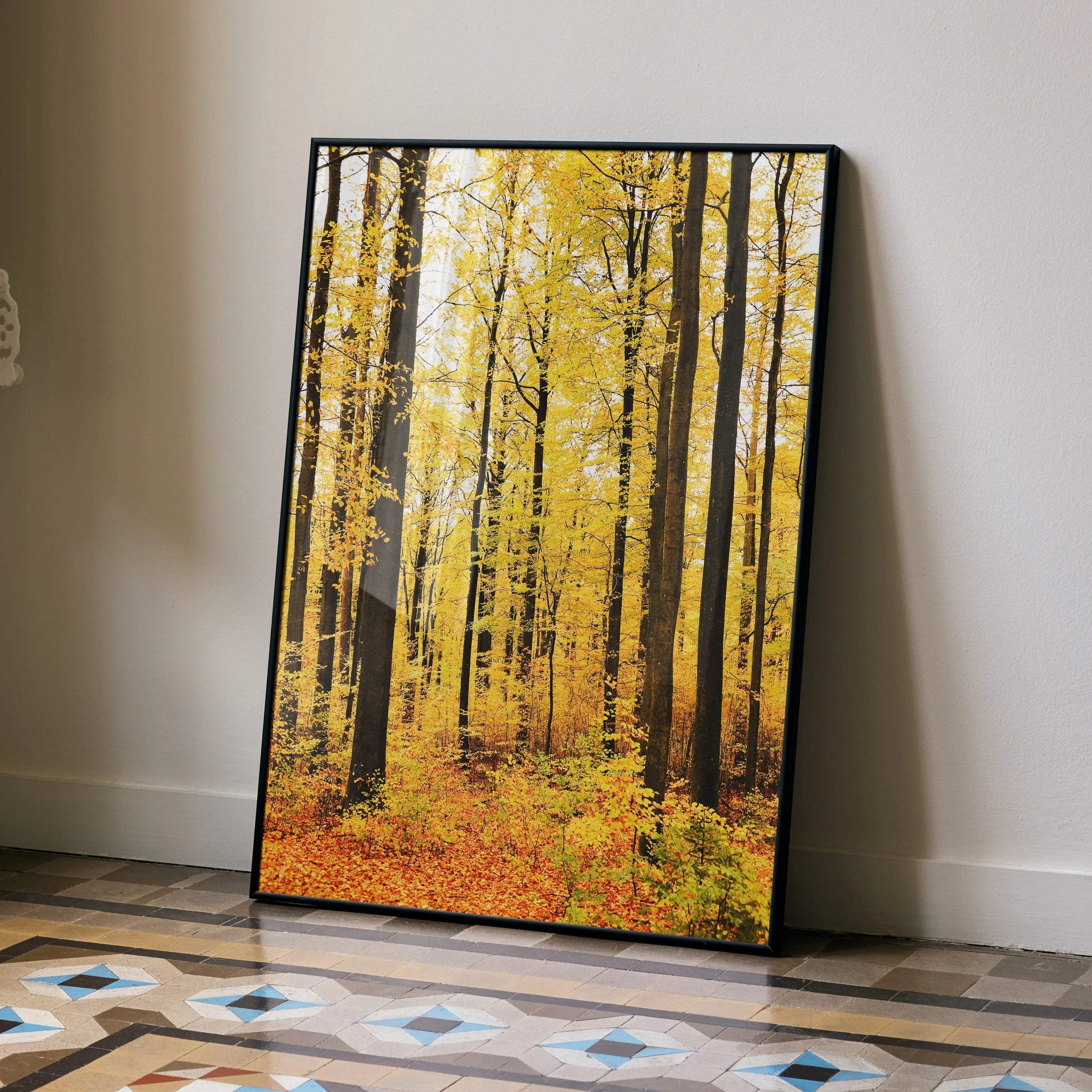 Vibrant autumn forest poster with tall trees and golden leaves, vertical wall art.